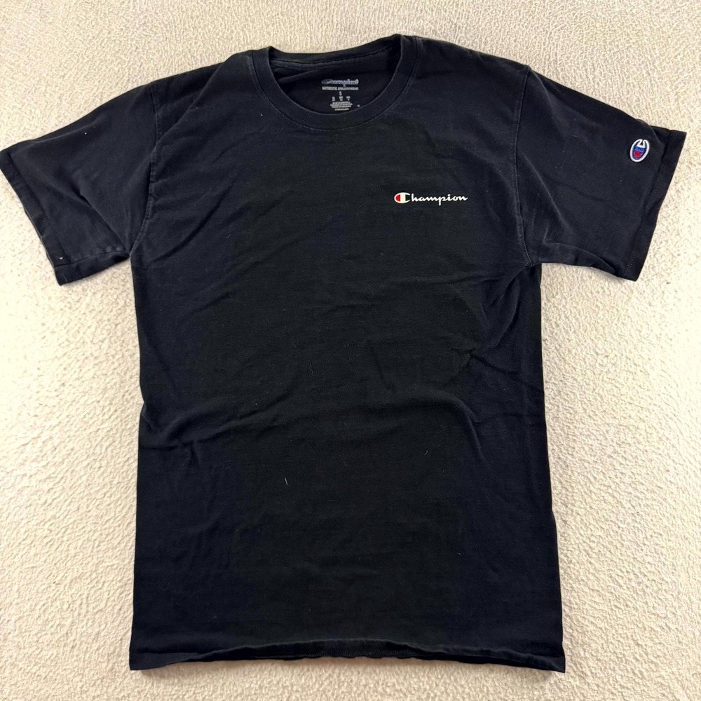 Champion T-Shirt Mens Small Black Script Logo Short Sleeve Cotton Streetwear